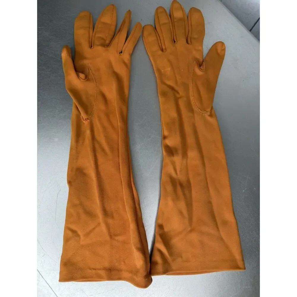 Vintage 50s 60s Orange Cotton Blend Elbow Gloves Pull On Approx Size 7 Driving